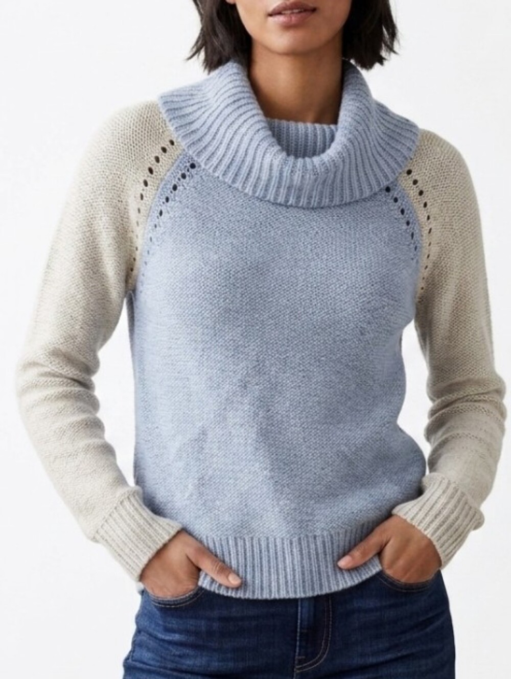 Sundance Lambswool Blend Colorblock Cowlneck Pullover Sweater S Blue Cream